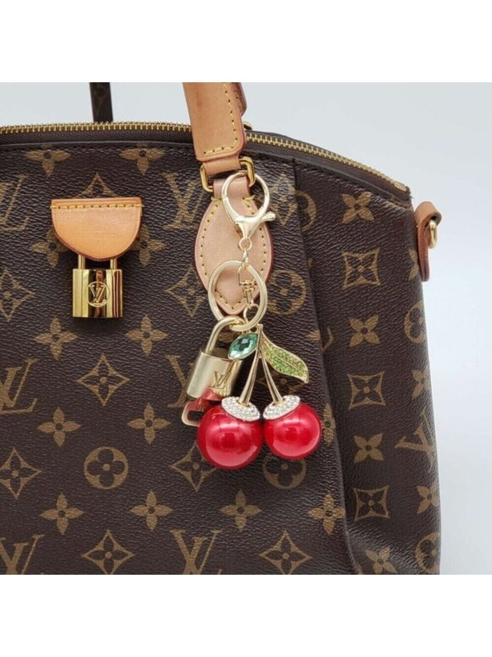 LV Gold Padlock 🔑 Authentic Louis Vuitton Charm + Unbranded Cherry Keychain - Picture 2 of 7